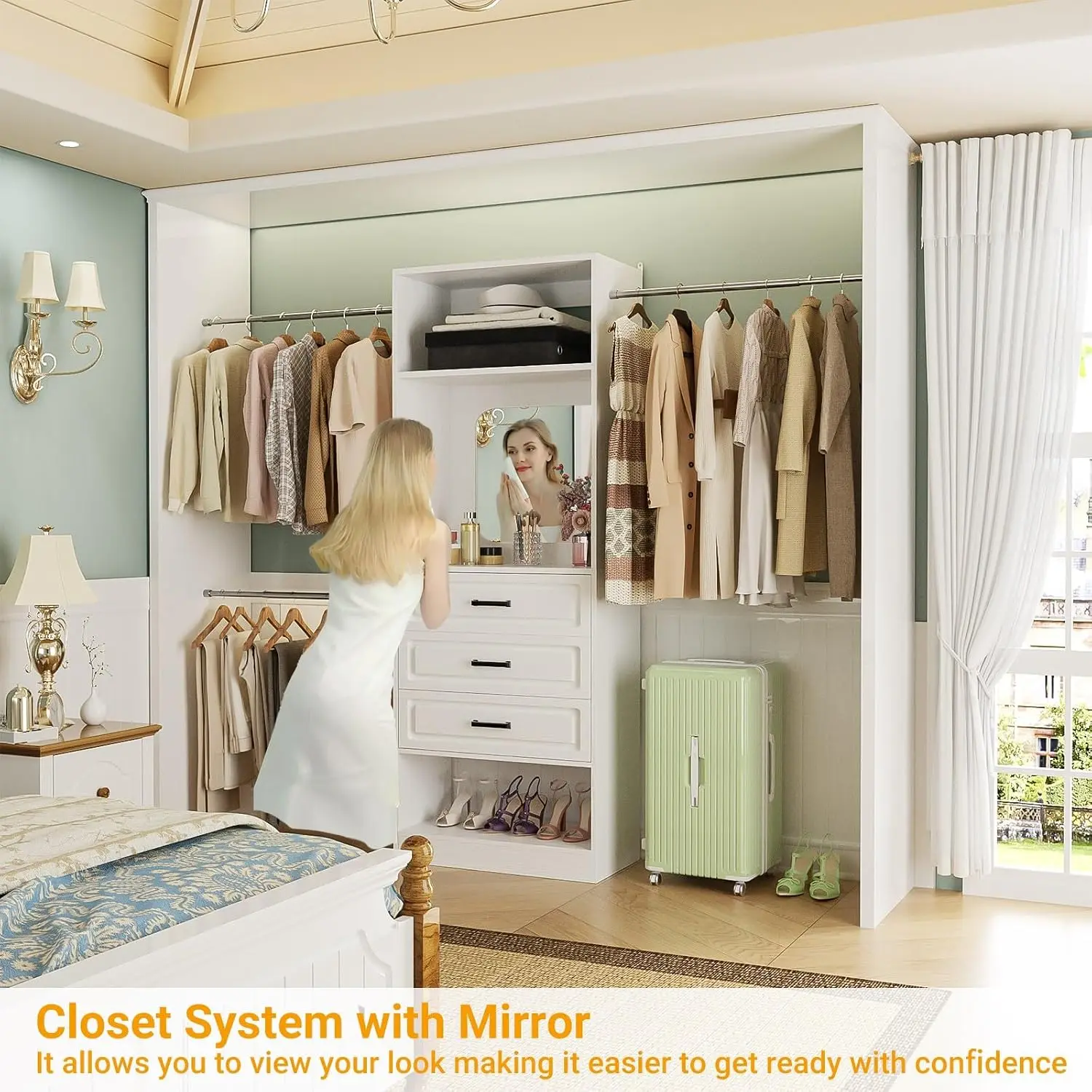 Closet System with Mirror & 3 Extendable Hanging Rods 48-96 Inch Width, Customized