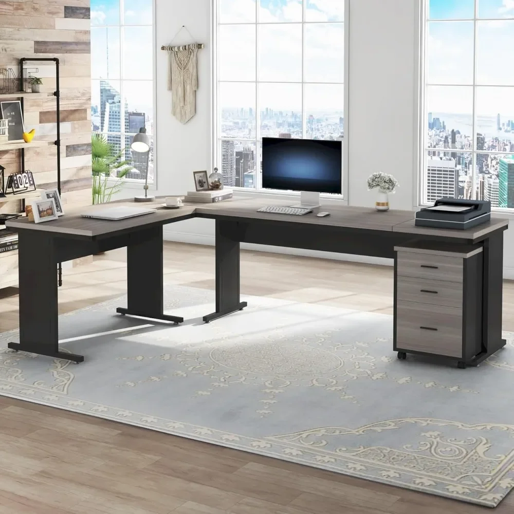 Large Executive Office Desk with 3-Drawer File Cabinet, Industrial Corner Computer Desk