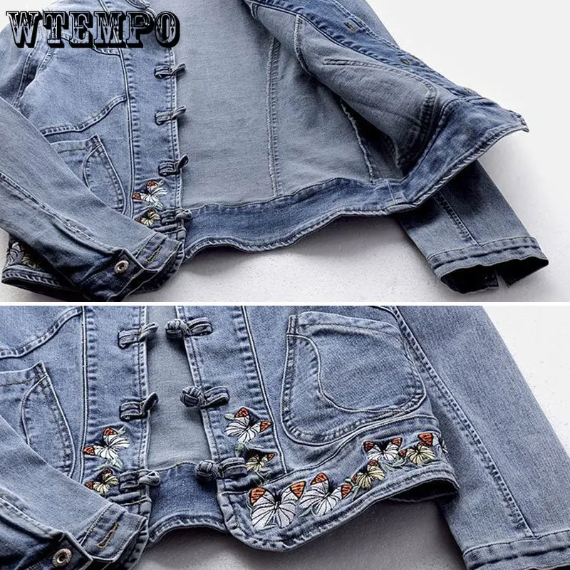 Short Denim Jacket Vintage Chinoiserie Embroidered Stretch Jacket Women\'s Spring and Autumn All Match Fashion Harajuku Slim Tops