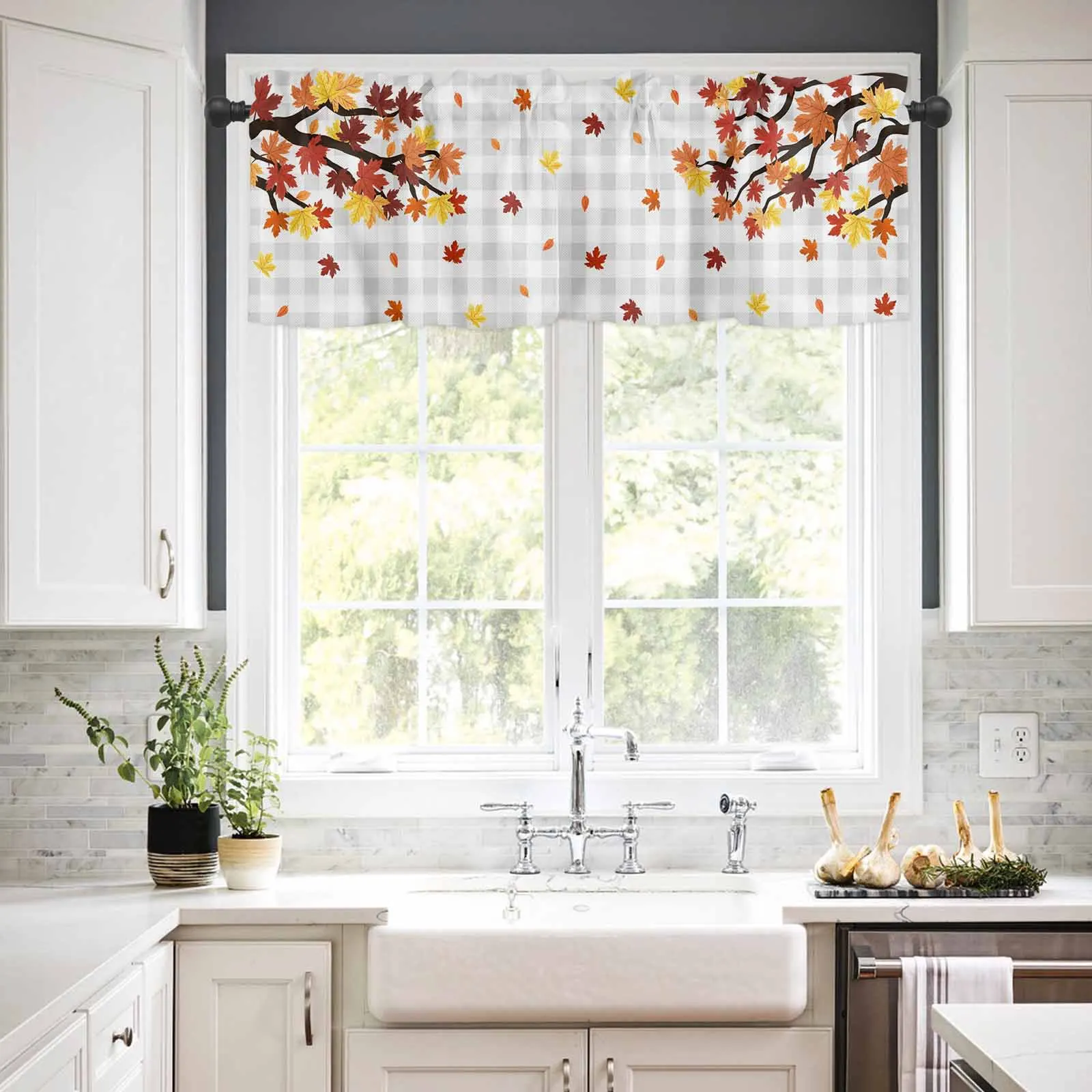 

1PCS Kitchen Short Curtain Valance Grey Plaid Autumn Maple Leaf Branch Rod Pocket Window Home Decoration