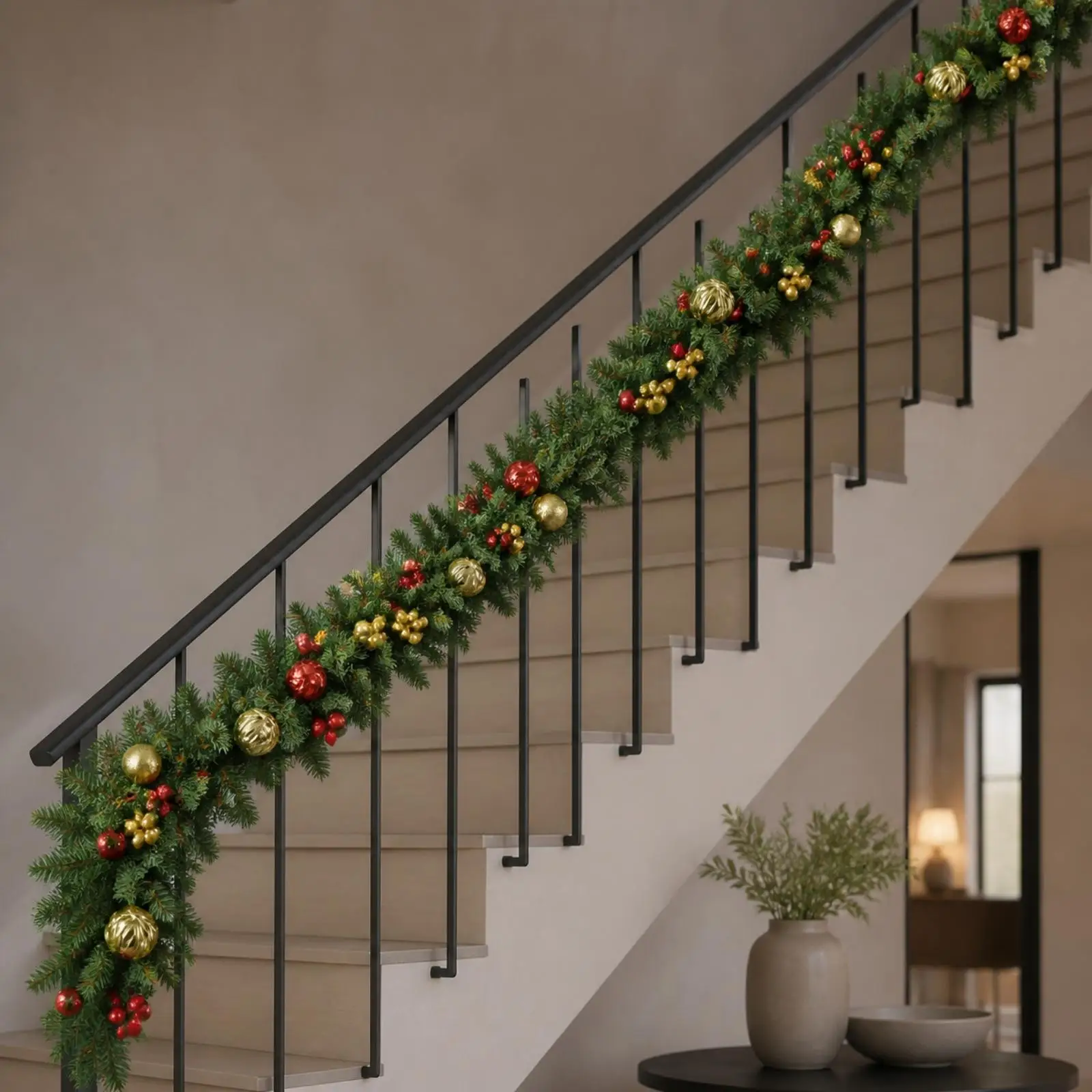 Reusable Holiday Decorative Wreath Plastic Artificial Fir Garland with Red Gold Accents for Christmas Door Wall Staircase Decor