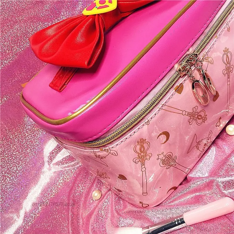 Sweet Pink Moon & Star Pattern Cute Anime Makeup Bag Y2k Women\'s PU Large Capacity Portable Zipper Fashion Cosmetic Storage Bag