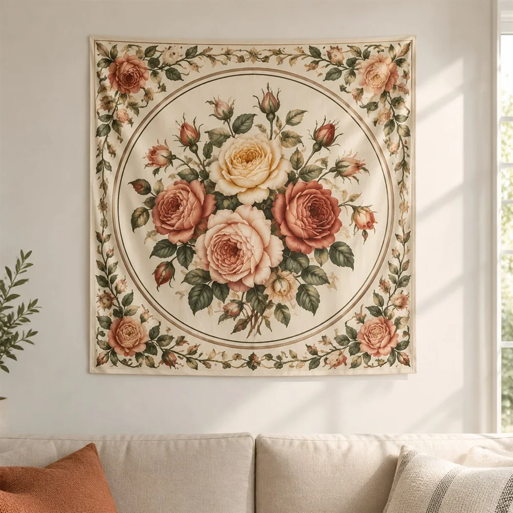 VIKAMA Rose Garden Tapestry Wall Hanging, Romantic Aesthetic Room Decor Wall Art Tapestries for Living Room Bedroom Dining Room