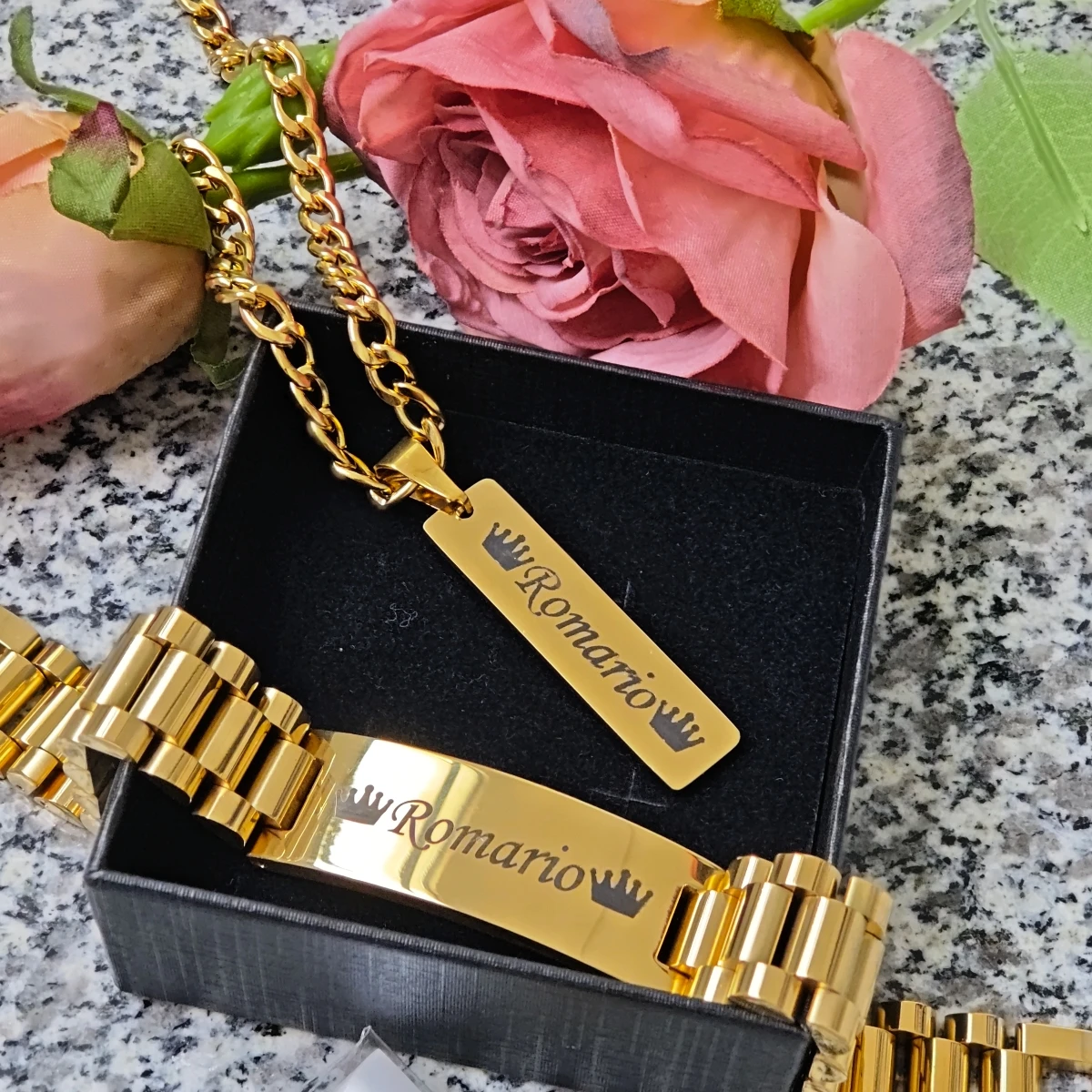

Customized Stainless Steel Jewelry Set Laser Engraved Text Necklace Couple Bracelet Gift For Father Christmas Gift Free Gift Box