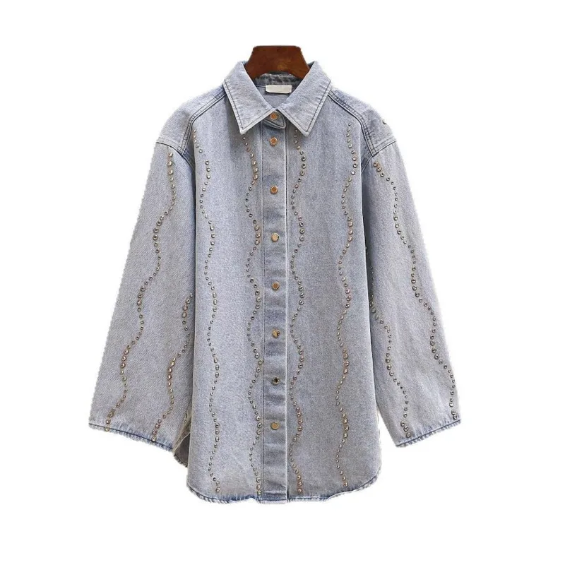 ANJY automne nouvelles femmes mode décontracté français Vintage élégant Denim chemise diamant embelli col rabattu tendance veste A12666