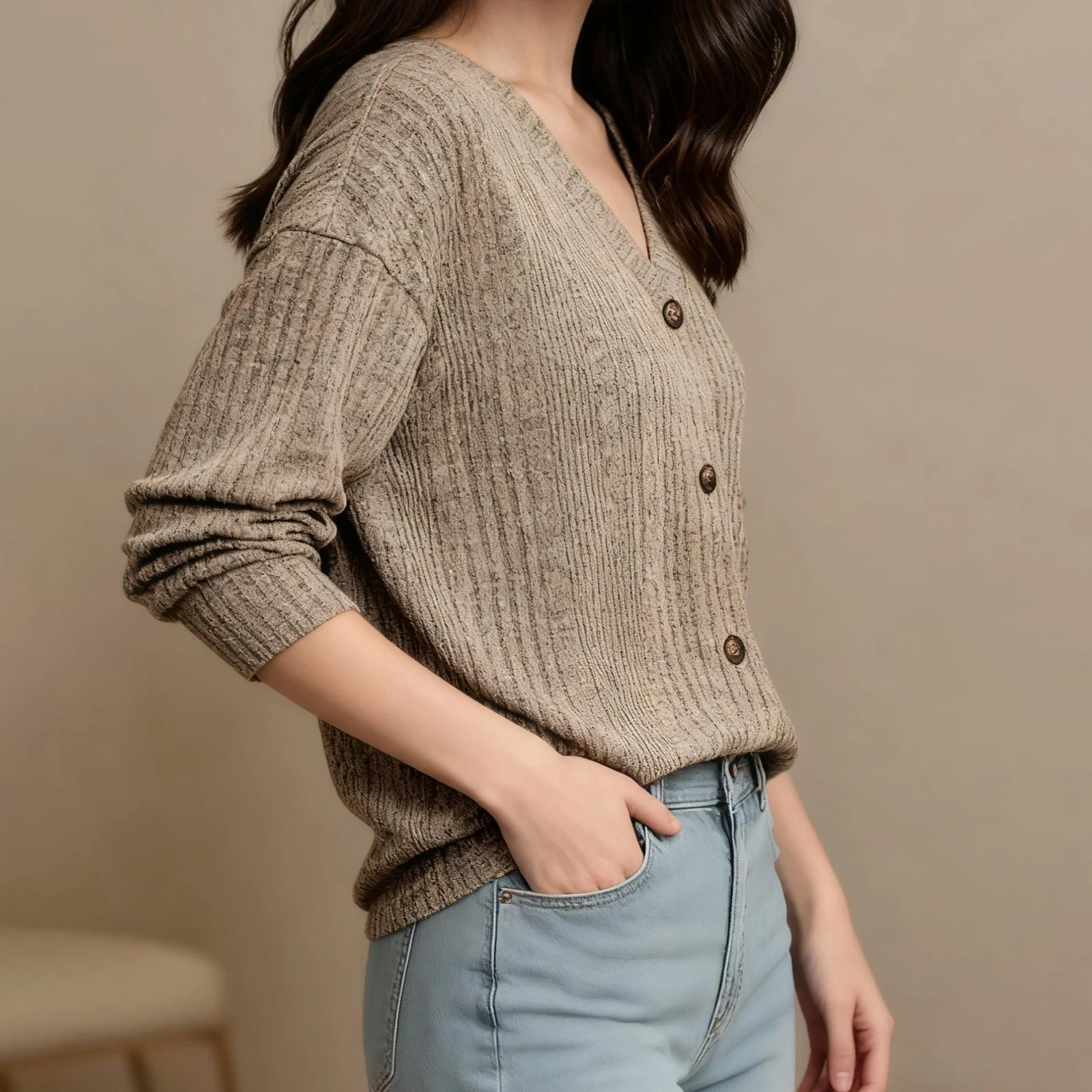 เสื้อสเวตเตอร์สีพื้นคลาสสิกสำหรับผู้หญิง คอวี แขนยาว ติดกระดุมด้านหน้า ผ้าถักแบบริบ ทรงลำลอง