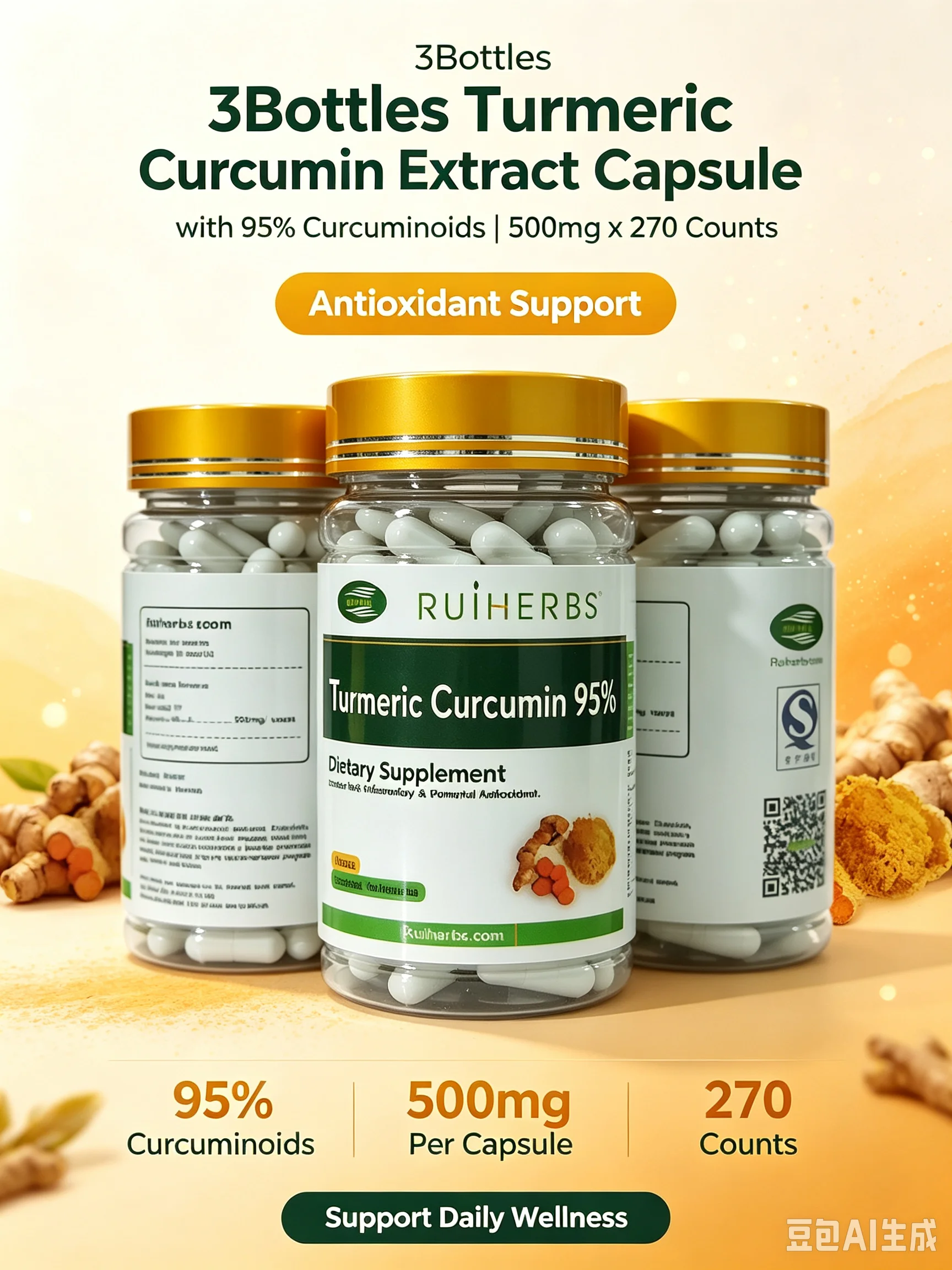 3Bottles Turmeric Curcumin Extract with 95% Curcuminoids Capsule 500mg x 270 Counts