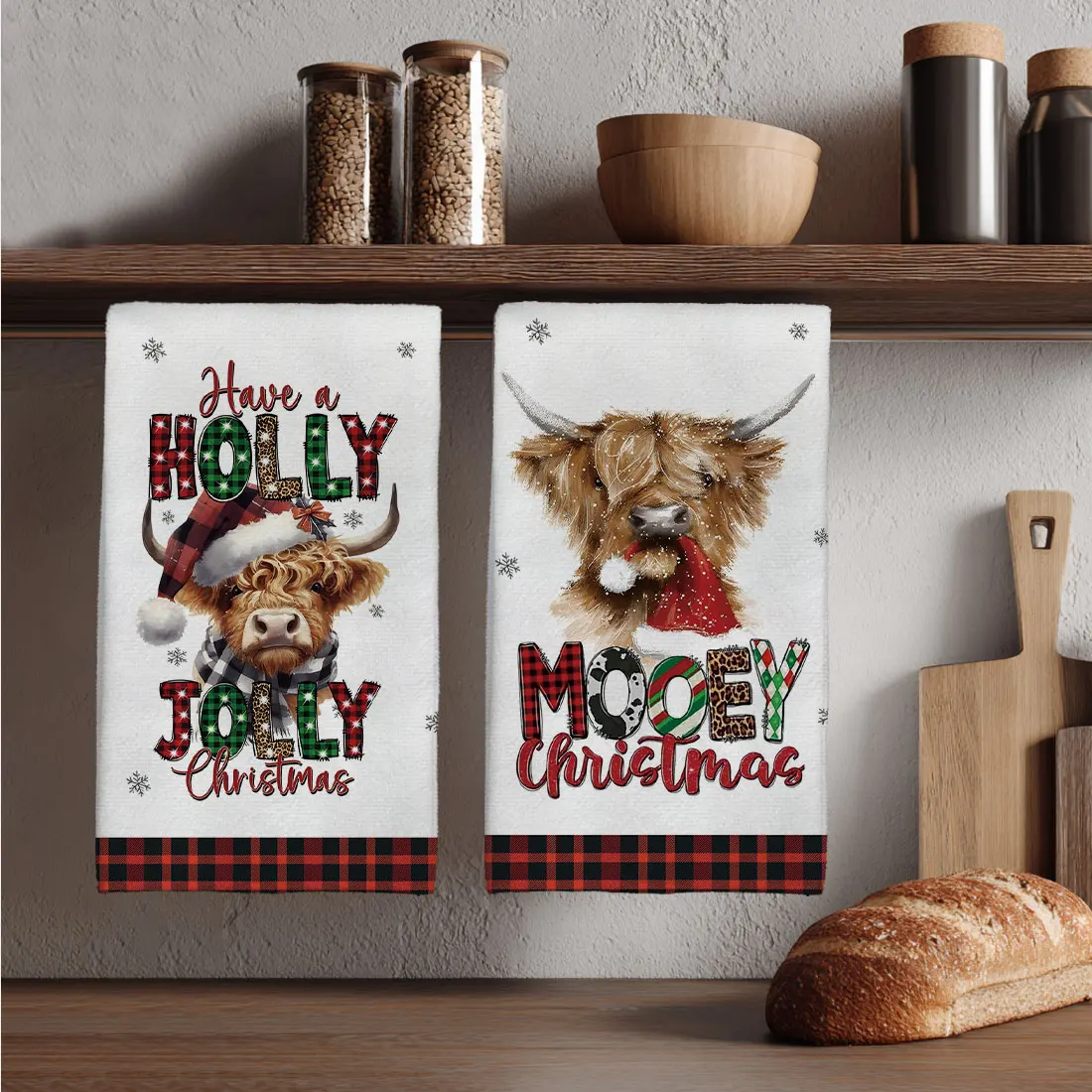 

2pcs Christmas Cartoon Highland Bulls Soft Microfiber Kitchen Hand Towels Bathroom Xmas Home Decor Drying Cleaning Cloth Gifts