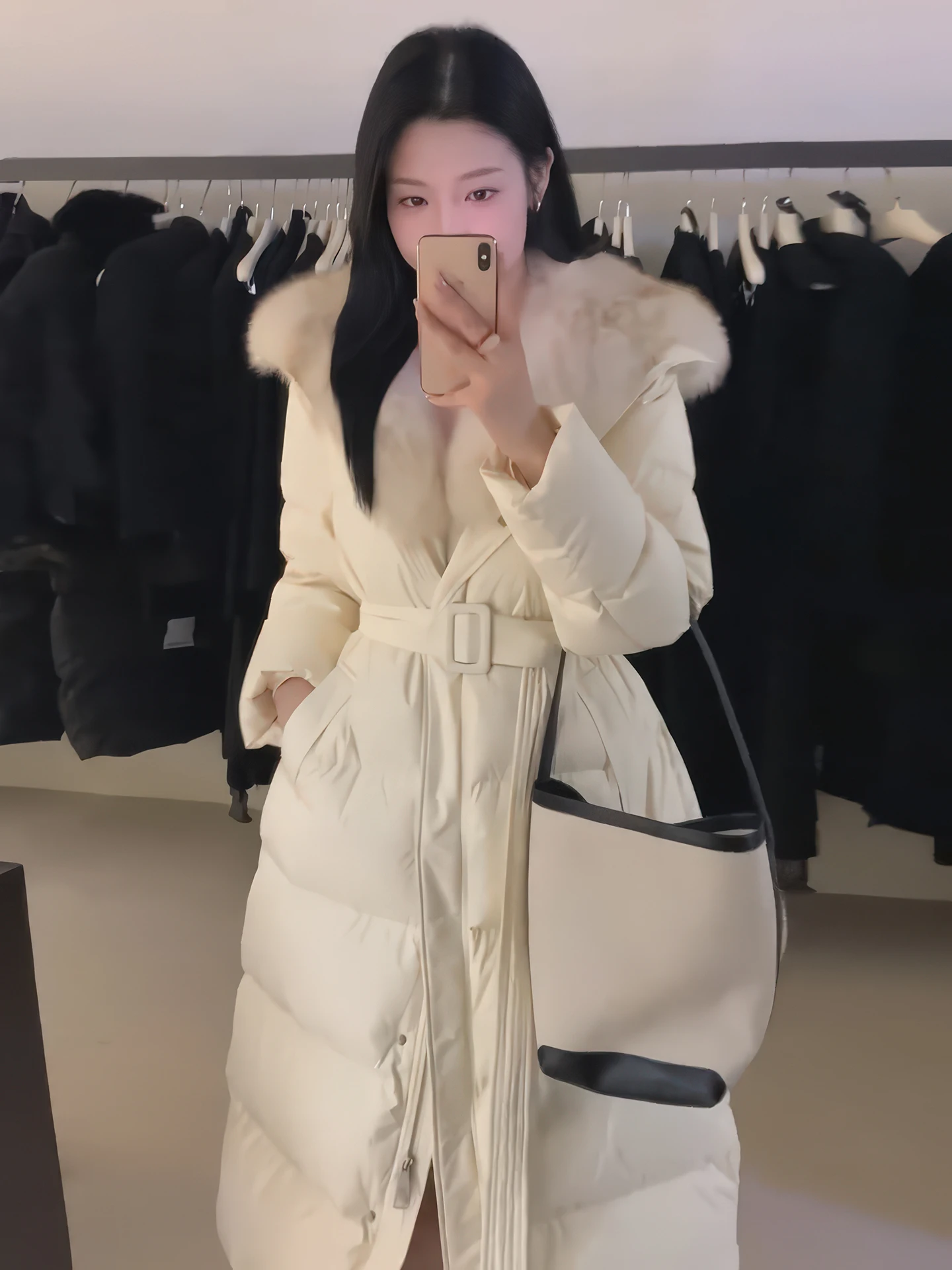 Korean Sle Long down Jaet Women's Winter Thiened White Du down Coat Slimming Waist High Collar Warm Faionable