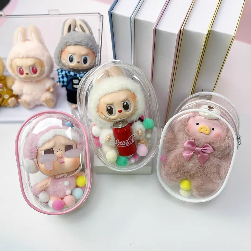 Labubu Transparent Protector Case Square Organizer Box For 17cm Labubu Plush Dolls Outdoor Display Bag With Keychain Ropa Labubu