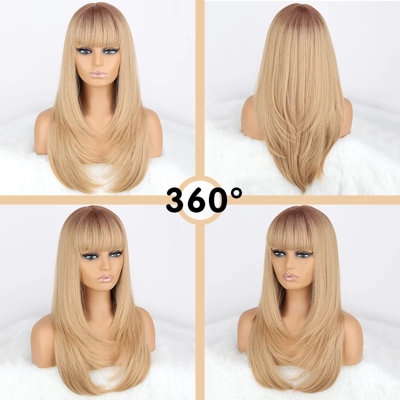 WERD Synthetic Long Straight Wig With Bangs For Women Heat Resistant Fiber Wigs Blonde Natural Hair Cosplay Daily Party Wigs