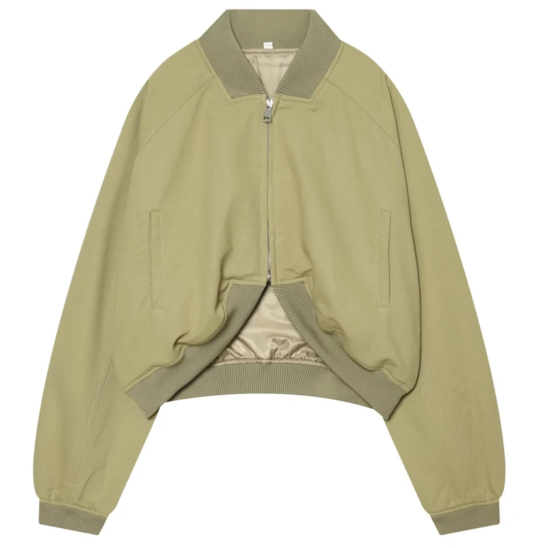 HXAO Cropped Green Jacket Women's Er Jacket Autumn 2026 Ribbed Collar Long Sleeve Pilot Jacket Minimalist Casual Outerwears