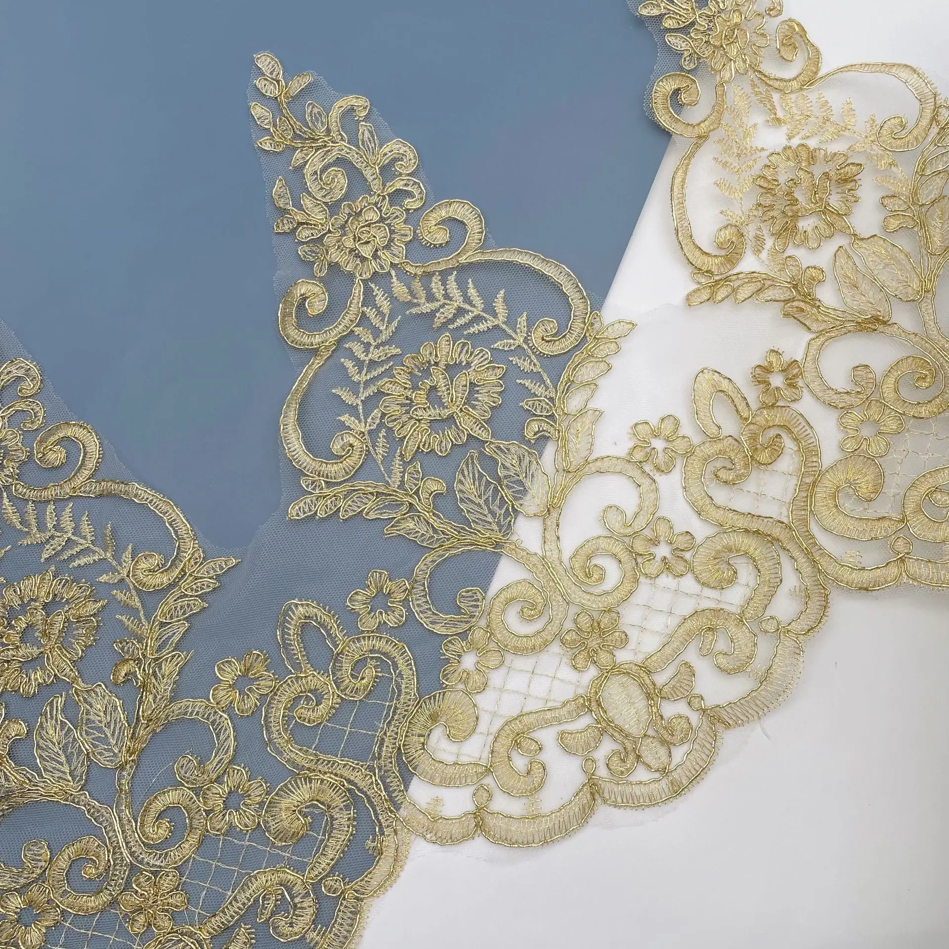 1Yard 31cm Wide Gold Edge Polyester Embroidery Lace Trim for Bridal Wedding Gown Costume Design Lace Ribbon