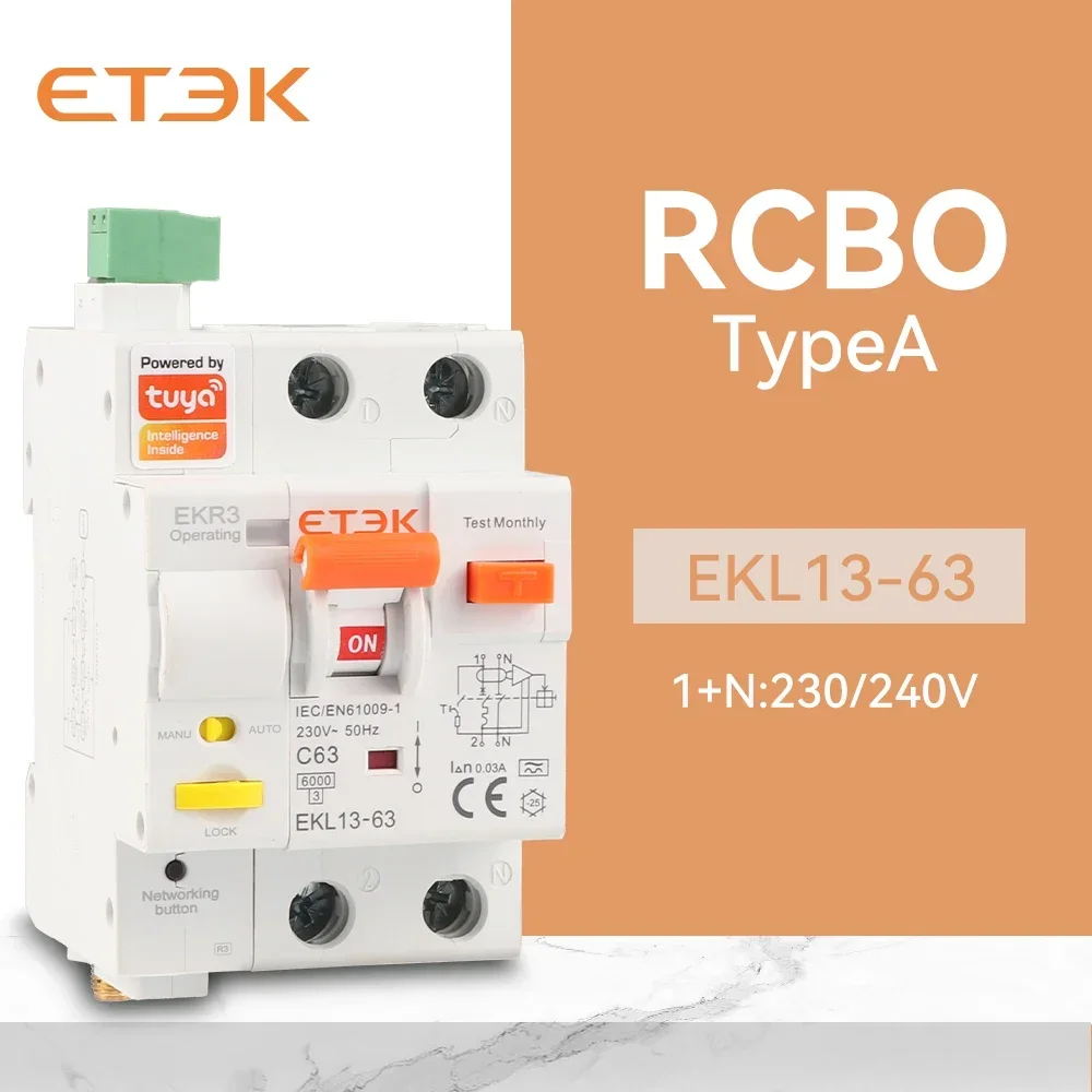 ETEK Tuya WIFI Smart Circuit Breaker RCBO Smart Life telecomando protezione da cortocircuito temporizzata 2P 16A 25A 32A 40A 63A EKL13