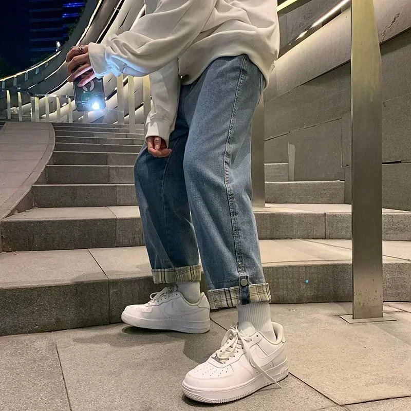 

Spring Plaid Wide Leg Denim Pants For Men New Korean Fashion Baggy Straight Jeans Y2K Streetwear pantalones hombre Casual jean
