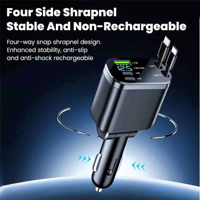 

Fast Charging USB Type C Car Charger Adapter Multi Port With Retractable Type C Cords Cable Adapter