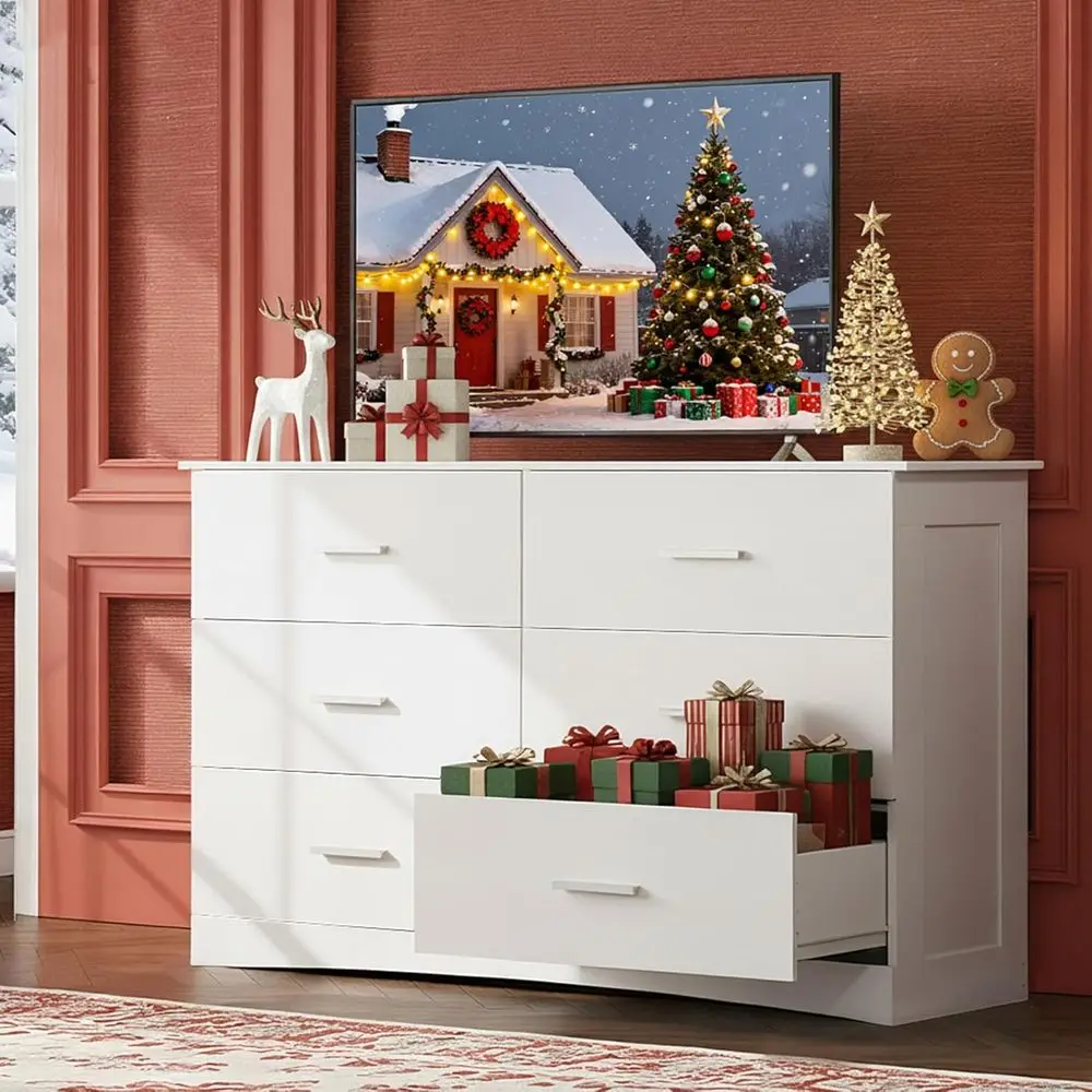 DAFIFY Baú de madeira largo com 6 gavetas para quarto, grande unidade de torre de armazenamento branca, organizador de armário moderno e minimalista para sala de estar