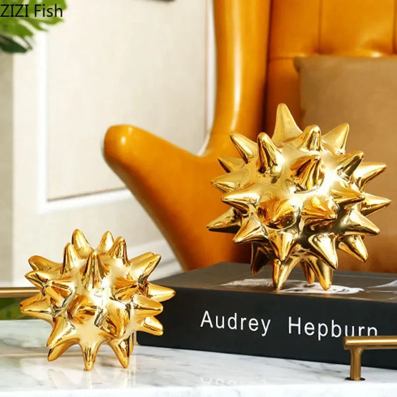 Golden Spike Sea Urchin Statue Abstract Crafts Desk Decoration Spiky Sphericity Ball Sea Urchin Ornaments Room Aesthetics Decor