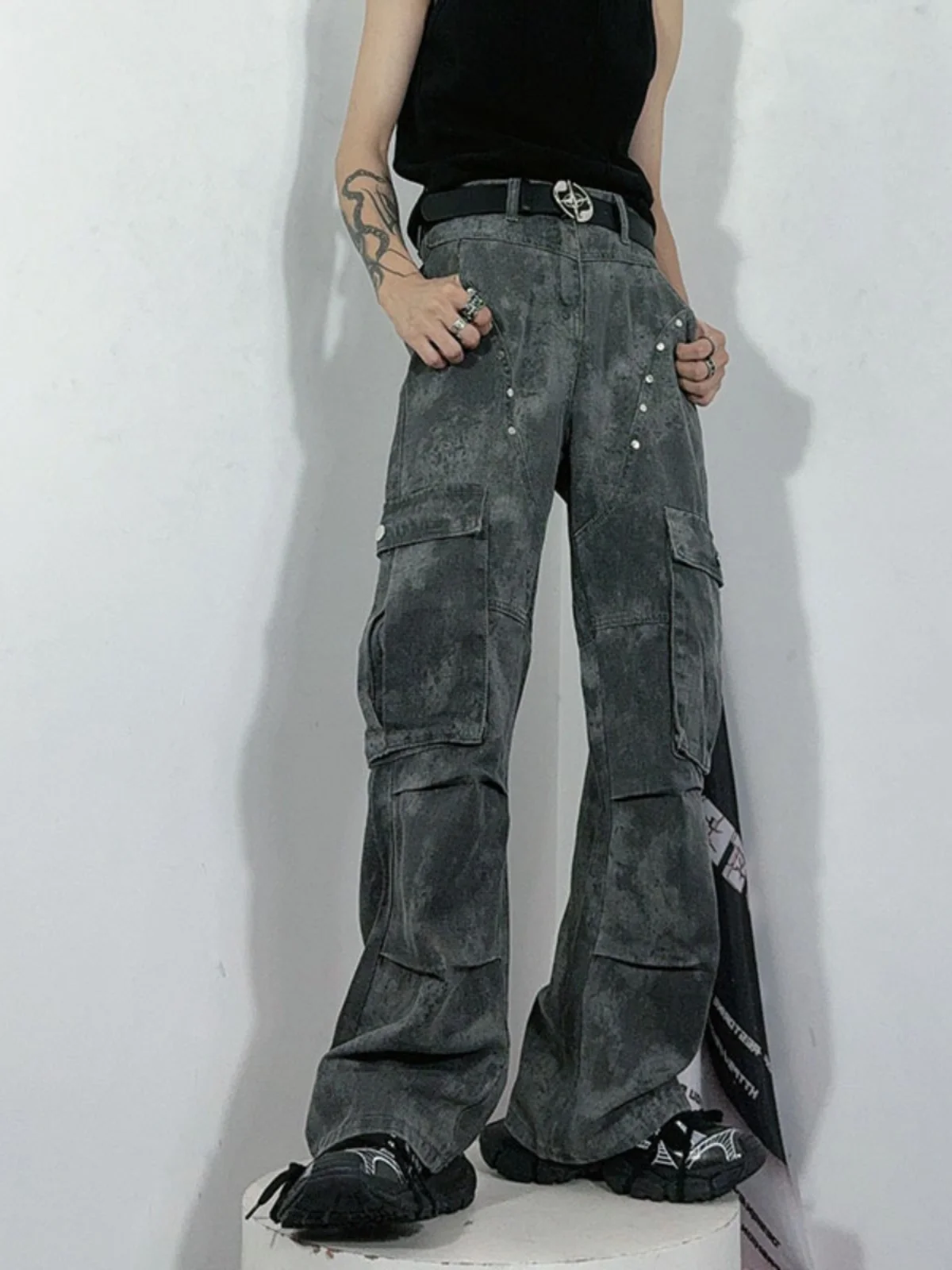 

Military Grey Womens Jeans High Waist Vintage Straight Baggy Y2K Denim Pants Hip Hop American Fashion Wide Leg Denim Trouser