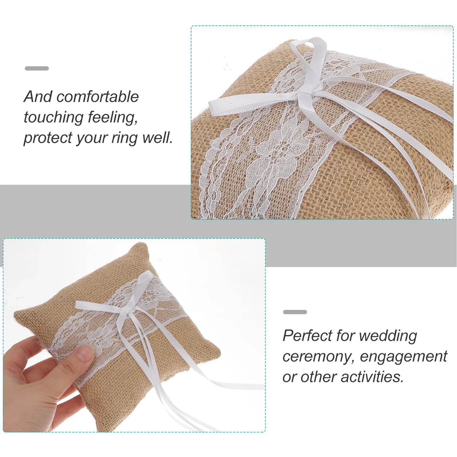 

Wedding Ring Bearer Pillow Burlap Lace Pearl 15x15cm Soft Comfortable Touching Feeling for Bridal Engagement Flower Ring Pillow