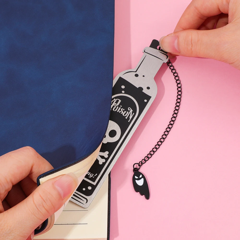 Halloween Skeleton Bottle Metal Bookmark with Ghost Pendant | Gothic Dark Style Book Marker for Book Lovers Gift