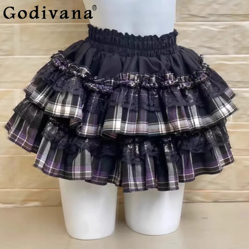 

Spring Summer Subculture Dark Gothic Black Purple Plaid Lace Ruffles Skirt Fashion Elastic Waist Versatile Fashion Short Skirts