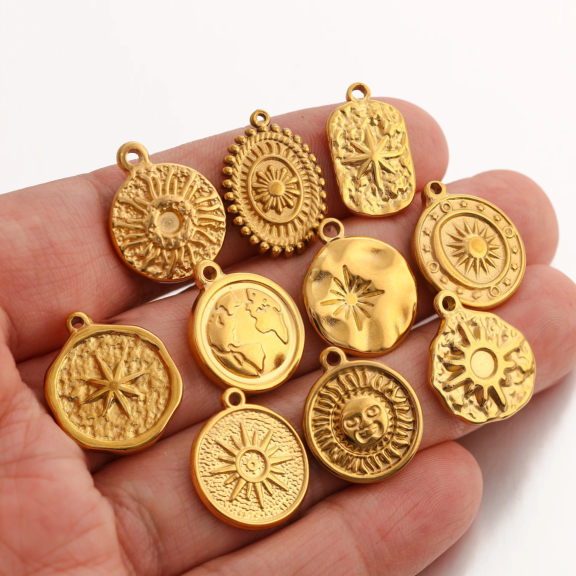 3 Stück Vintage Sonne/Stern/Erde Sonne Charm 3D Prägung Sunburst Edelstahl Anhänger DIY Armband Halskette Erkenntnisse Schmuckherstellung – Detail 5