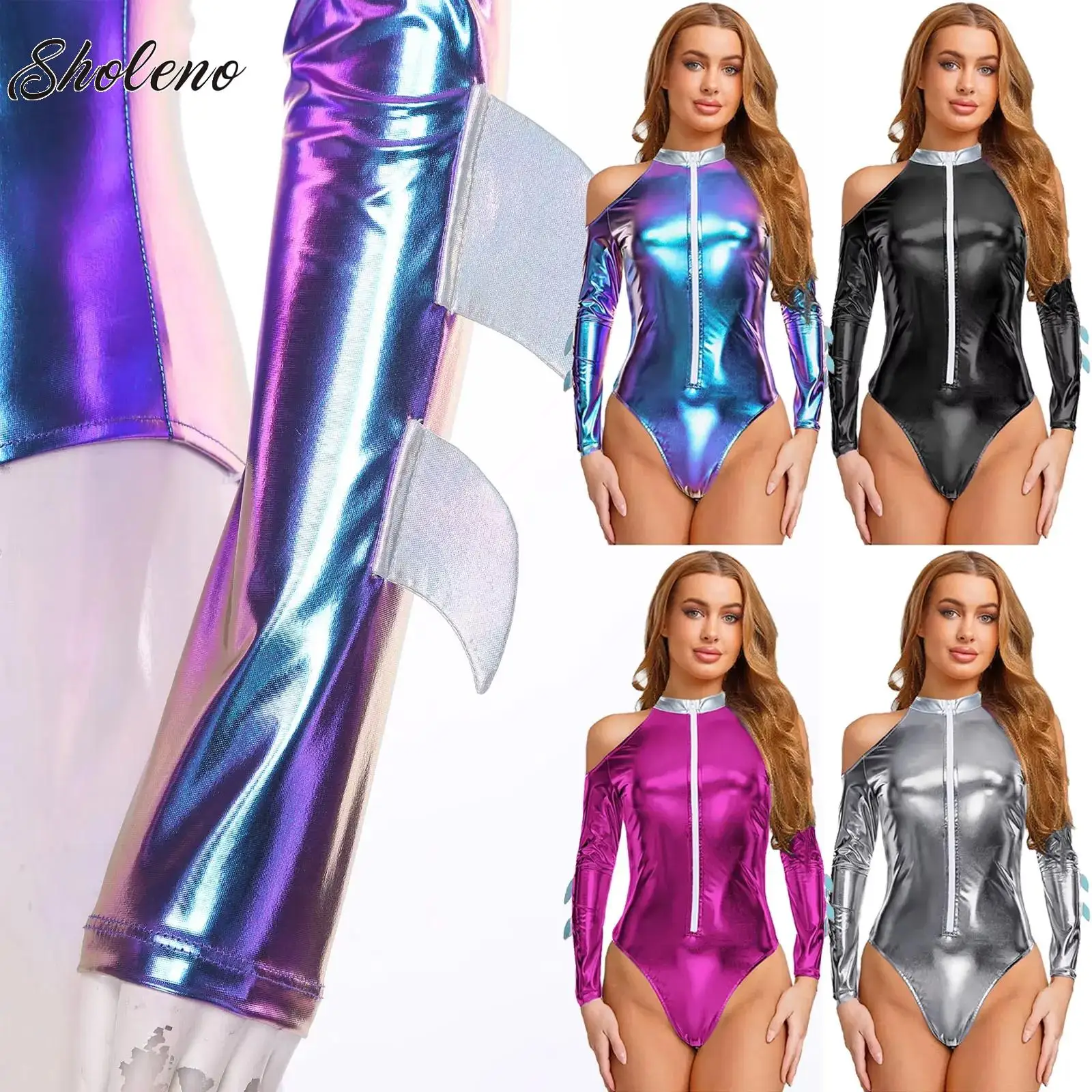 

Womens Carnival Space Girl Costume Halloween Metallic Space Astronaut Cosplay Bodysuit Long Sleeve Bodycon Leotard Jumpsuit