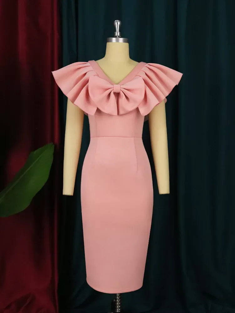 AOMEI-vestido de fiesta Rosa ceñido al cuerpo con volantes y lazo para mujer, elegante, con cuello en V, ajustado, para celebrar cumpleaños, cóctel,