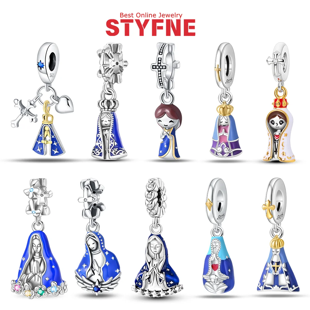 

925 Silver Blue Series Charms Virgin Mary Beads Pendants Fit DIY Original Bracelet Necklace Women Jewelry Gift Making
