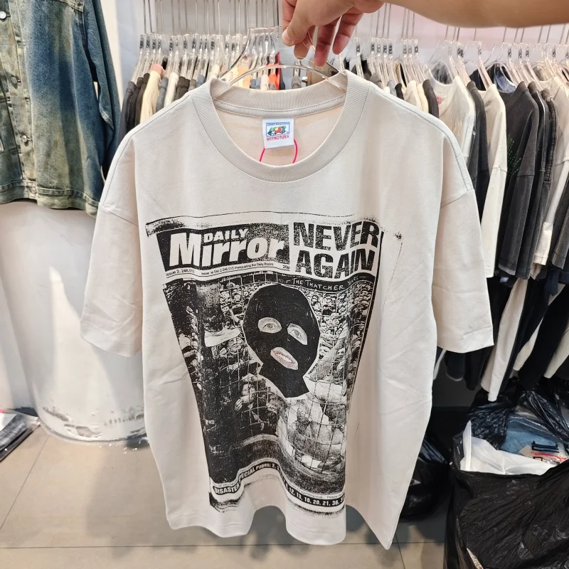 Vintage Cream Colored Men T-Shirt Saint Retro Newspaper Print Tee