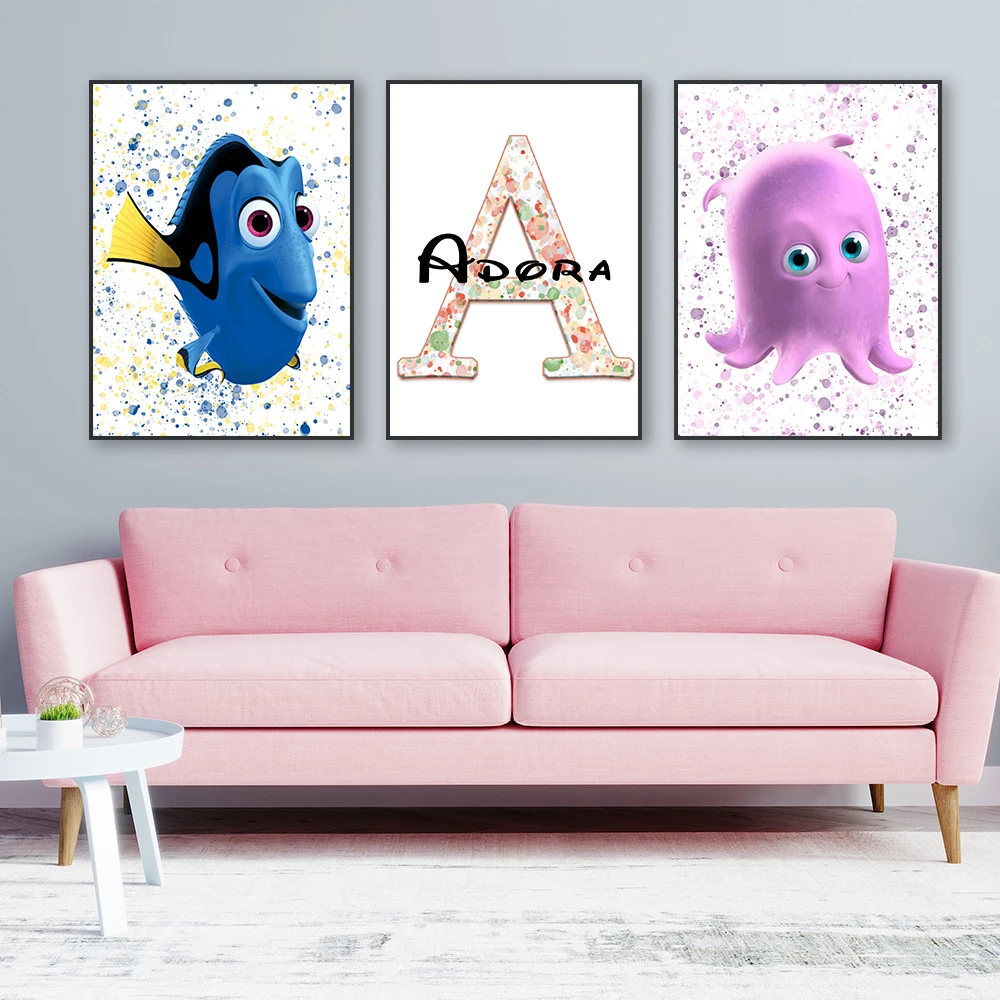 3 PCS Custom Name Wall Art Print Finding Nemo Dory Watercolor Poster Cartoon Splash Background Canvas Painting Kid Birthday Gift