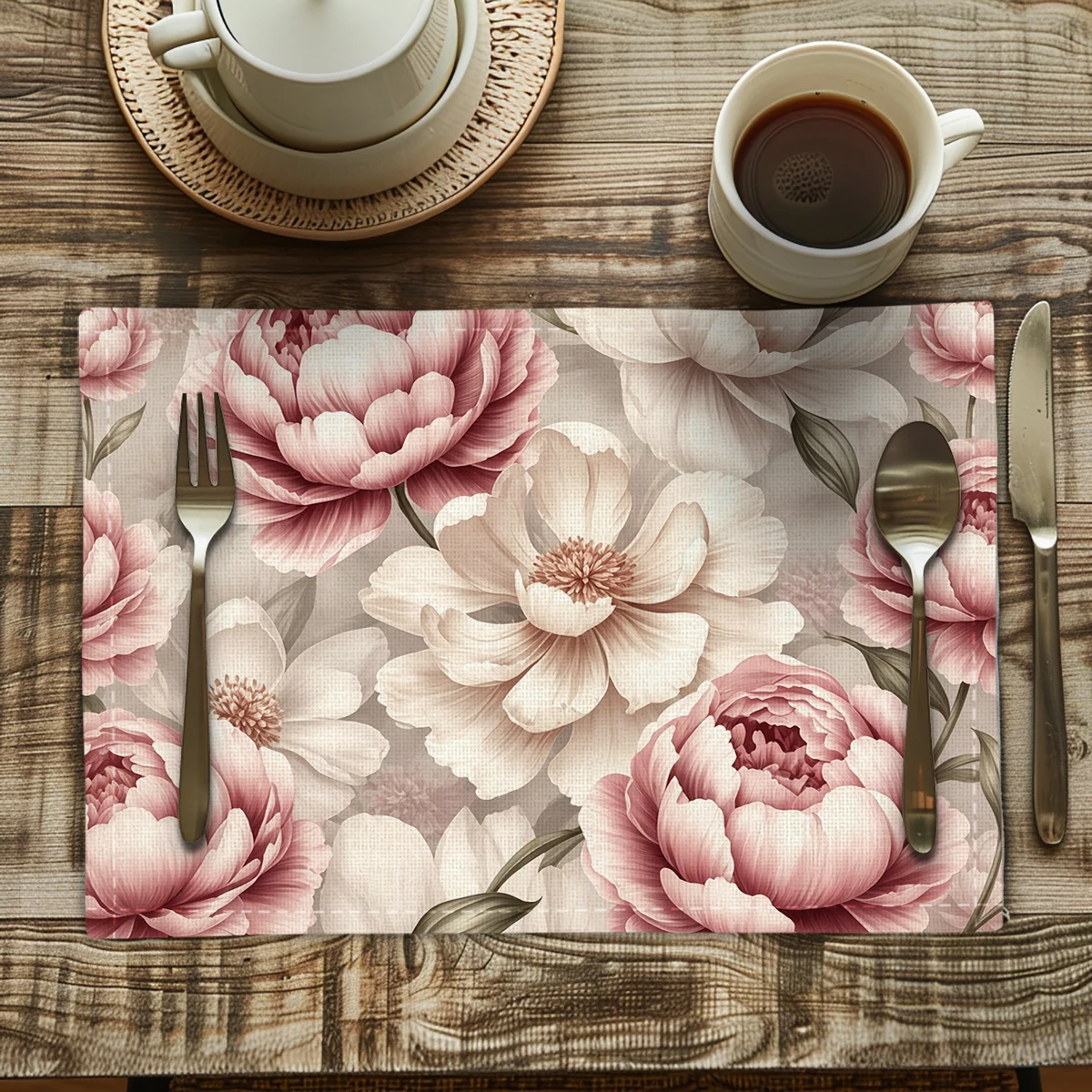 Bohemian Style Giraffe & Human Pattern Polyester Placemats & Coasters - Decorative Table Linens for Home Dining & Party Use