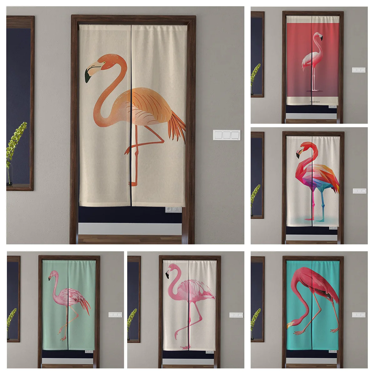 Door Curtain Noren Room Partition Privacy Protection Pendant Japanese Kitchen Decoration Household Multi Size animals flamingos