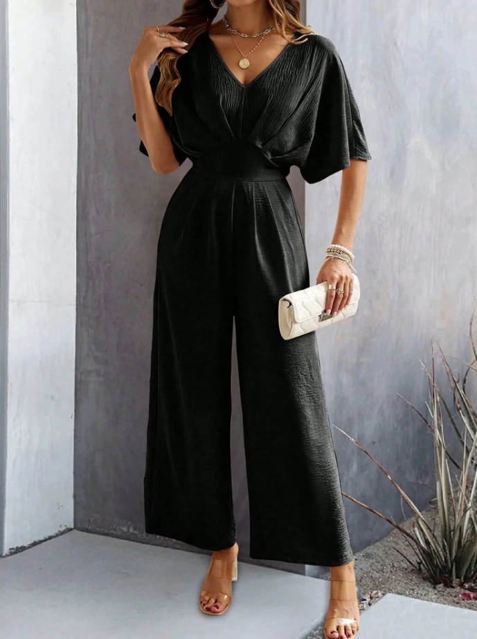 

Women's Jumpsuit 2024 Summer Short Bat Sleeve Overalls Deep V Neck Loose Ruched Staight High Waist Wide Leg Office Lady Rompers