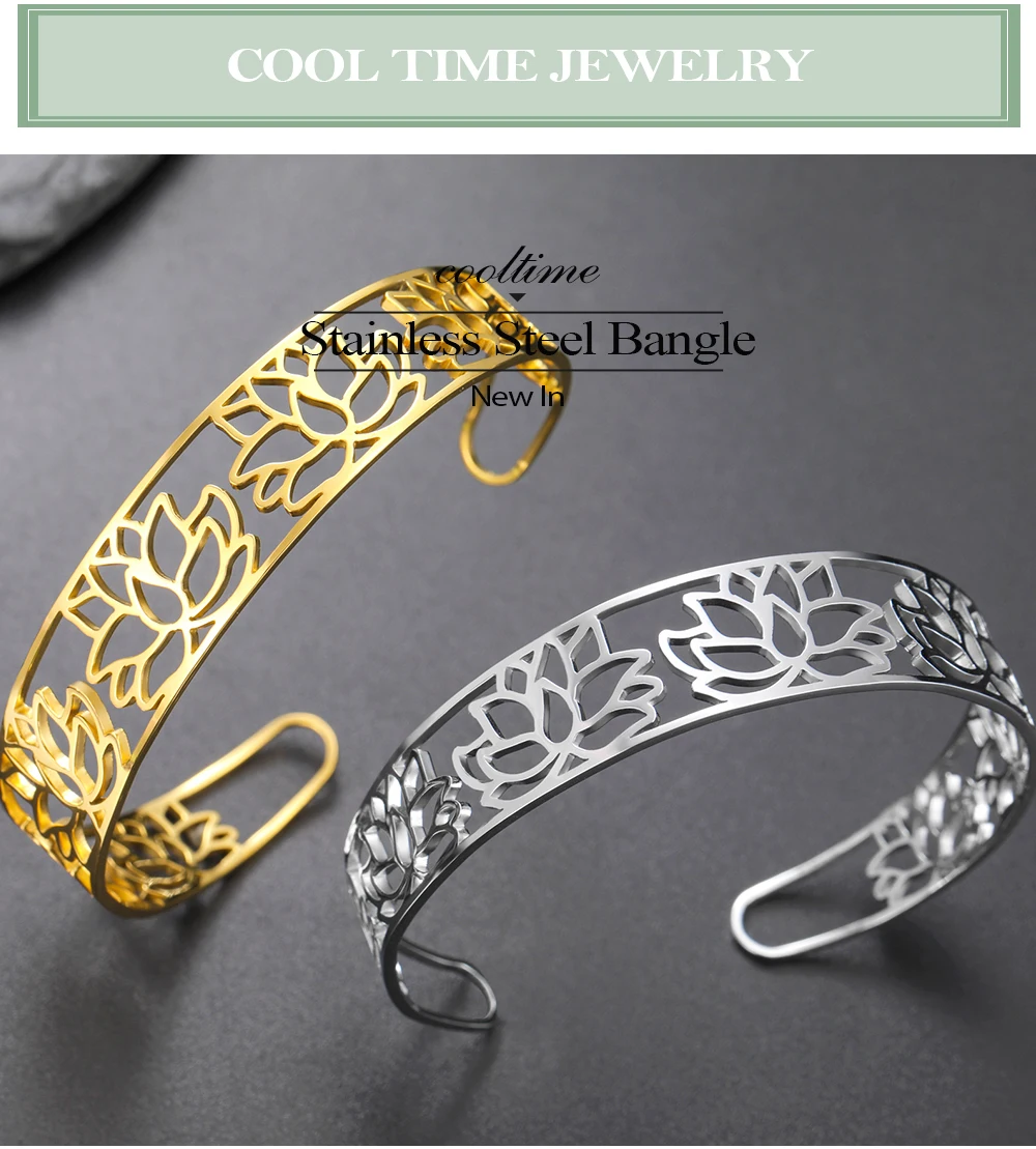 COOLTIME Lotusblume Offener Armreif Edelstahl Yoga Buddhismus Hindu Amulett Lotus Armreif Schmuck Geburtstagsgeschenk Neu – Detail 1