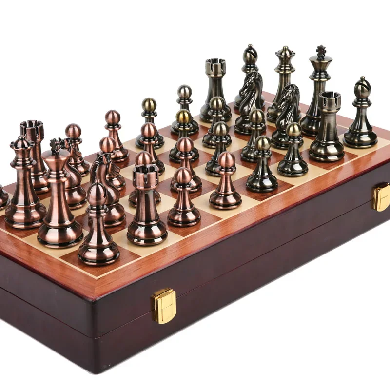 Metal luxury chess set gift box electroplate metal chess pieces folding wooden chessboard Acrylic large size chess game set