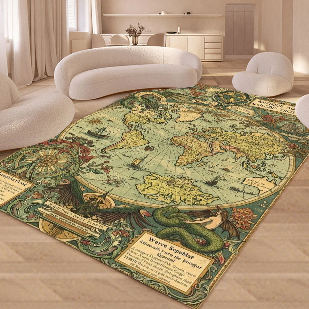 Vintage-Karte, Teppich, Matte, Teppich – Retro-Welt-Design, Heimdekoration, weiche Bodenmatte für Wohnzimmer, Zuhause, Wohnzimmer, Dekoration