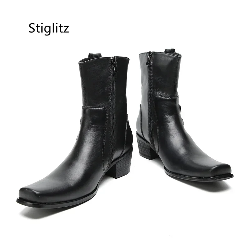 Double Buckle Genuine Leather Ankle Boots for Men Black High Heels Western Boots Safety Shoes Man for Work Punk Side Zipper