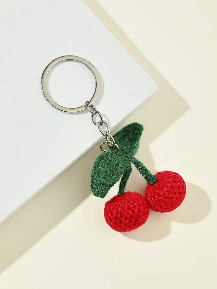 Fashion Creative Knitted Simulated Cherry Key Chain Student Daily Versatile Backpack Pendant Lovers Bag Decoration ﻿ ﻿