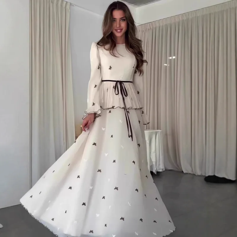 Elegante borboleta bordado em camadas babados chiffon vestido feminino 2025new elegante manga longa cintura amarrada roupões senhora chique outfit