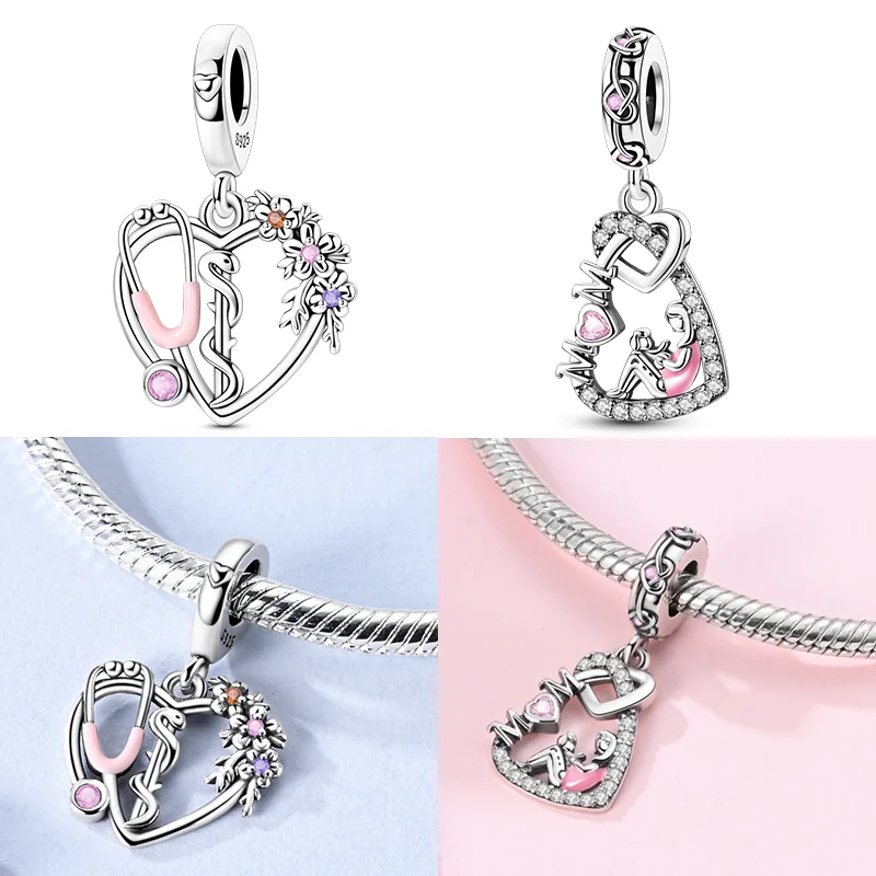 

925 Sterling Silver Heart Charms Bead CZ Zircon Stethoscope Parent-Child Dangle Fit Original Bracelet DIY Women Jewelry Gift
