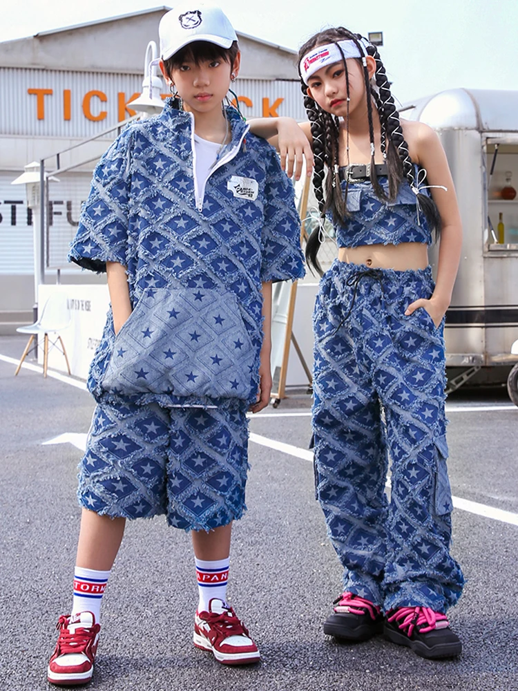 Streetwear Girls Modern Kpop Dance Costume Fashion Plaid Denim Hip Hop Clothing For Kids Jazz Performance Outfit Boys