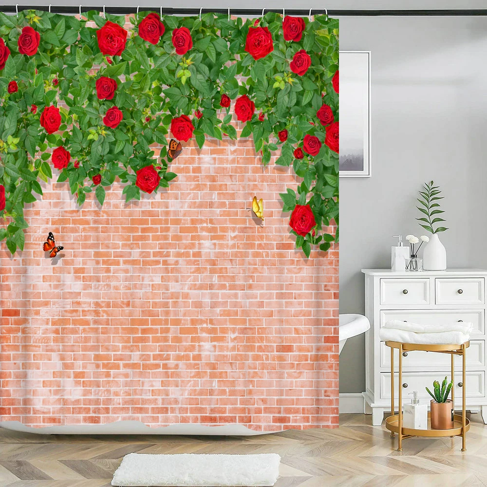 Brick wall flowers plants on wooden board printed shower curtain Bath curtain waterproof fabric curtain for Bathroom home Decor