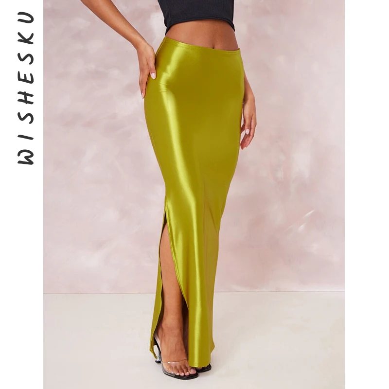 Sexy Neon Green Low Rise Slim Satin Maxi Skirts Women High Slit Casual Long Skirt 2024 Summer Night Prom Y2K Clothes