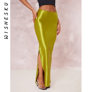 Sexy neongrün niedrige schlanke Satin Maxi röcke Frauen hohen Schlitz lässig langen Rock Sommernacht Abschluss ball y2k Kleidung
