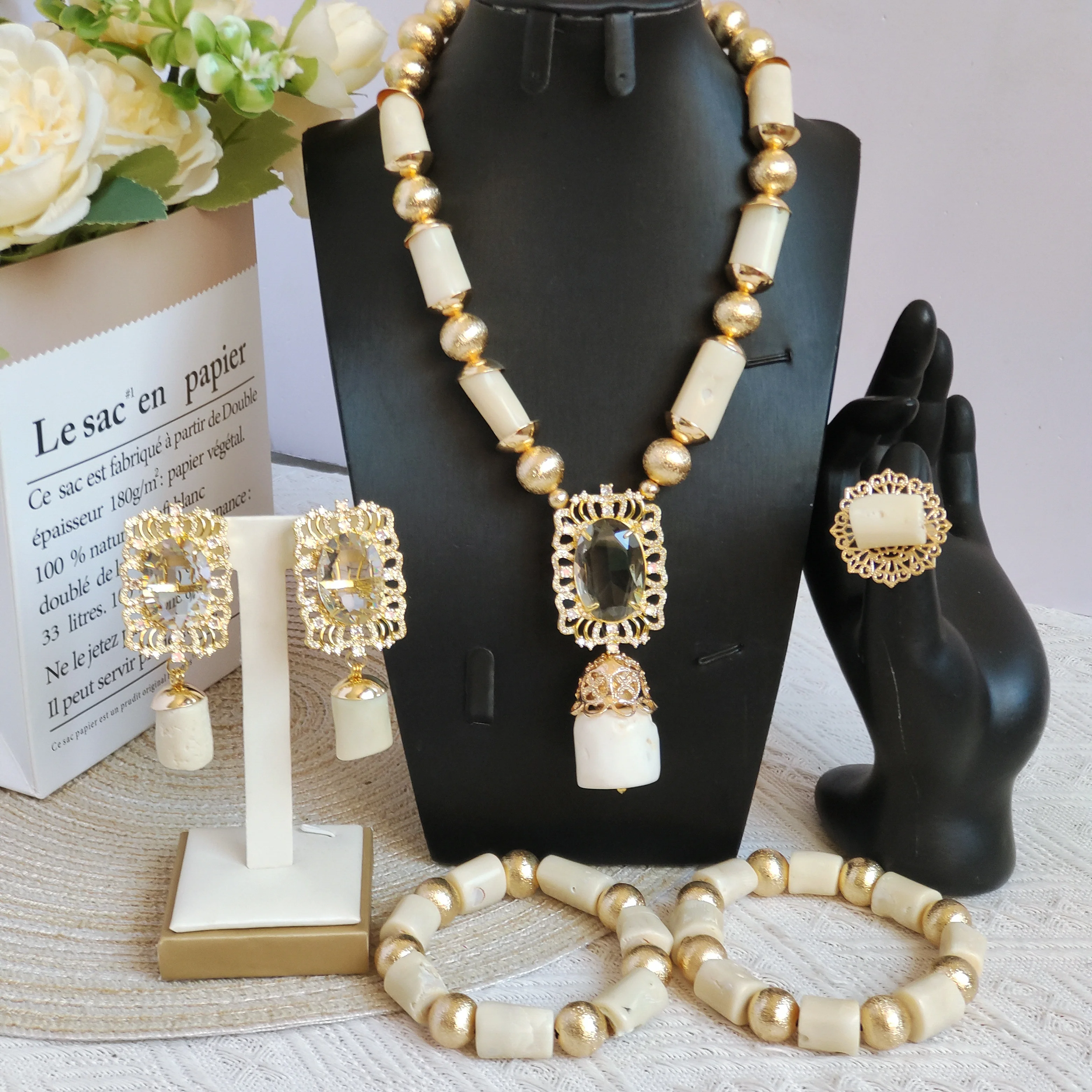 

Aczuv natural white nigerian coral bead jewelry set wedding