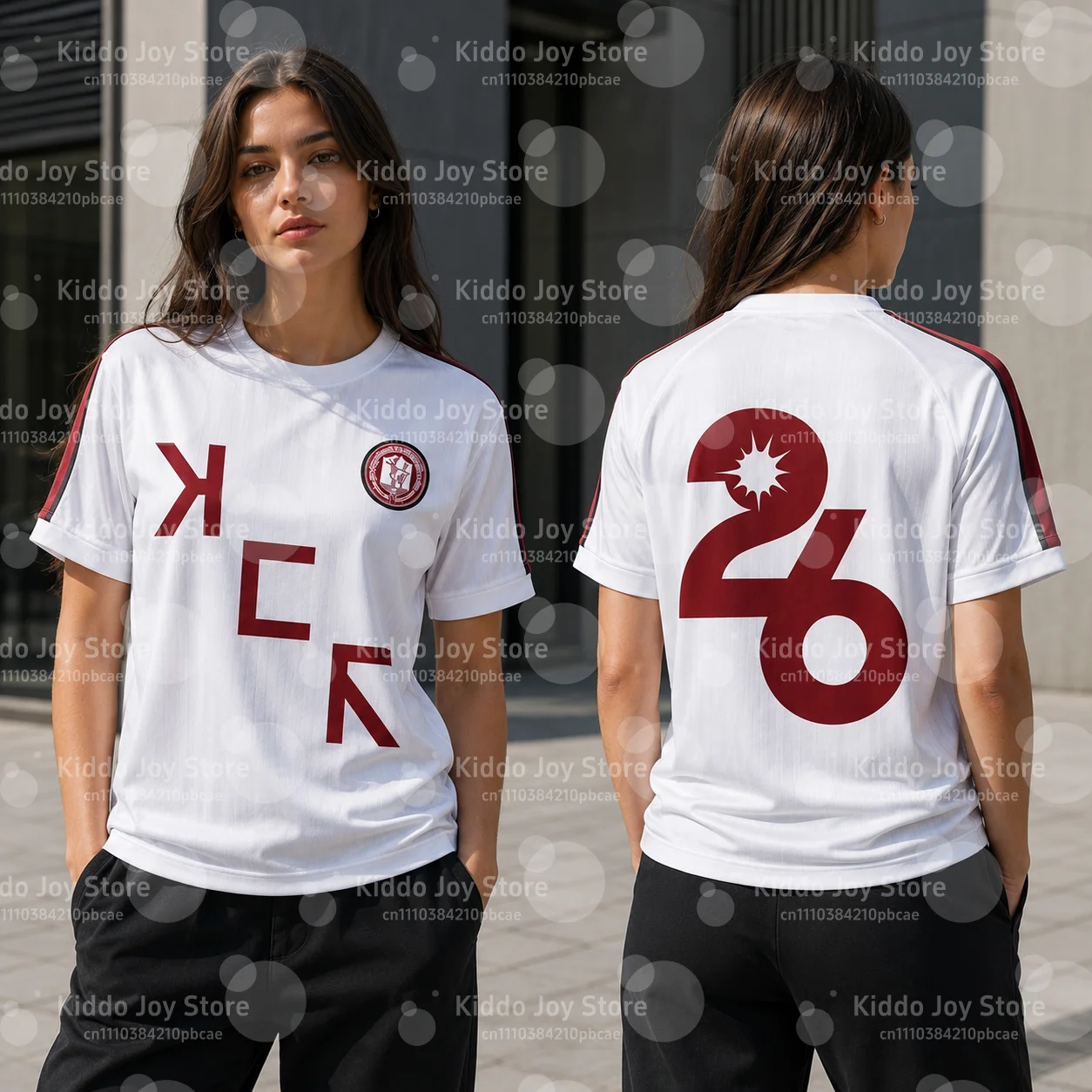 Men Black Vertical Stripe Soccer Jersey KCK Letter Big Number 26 Print Short Sleeve White Red Stripe Shoulder Streetwear