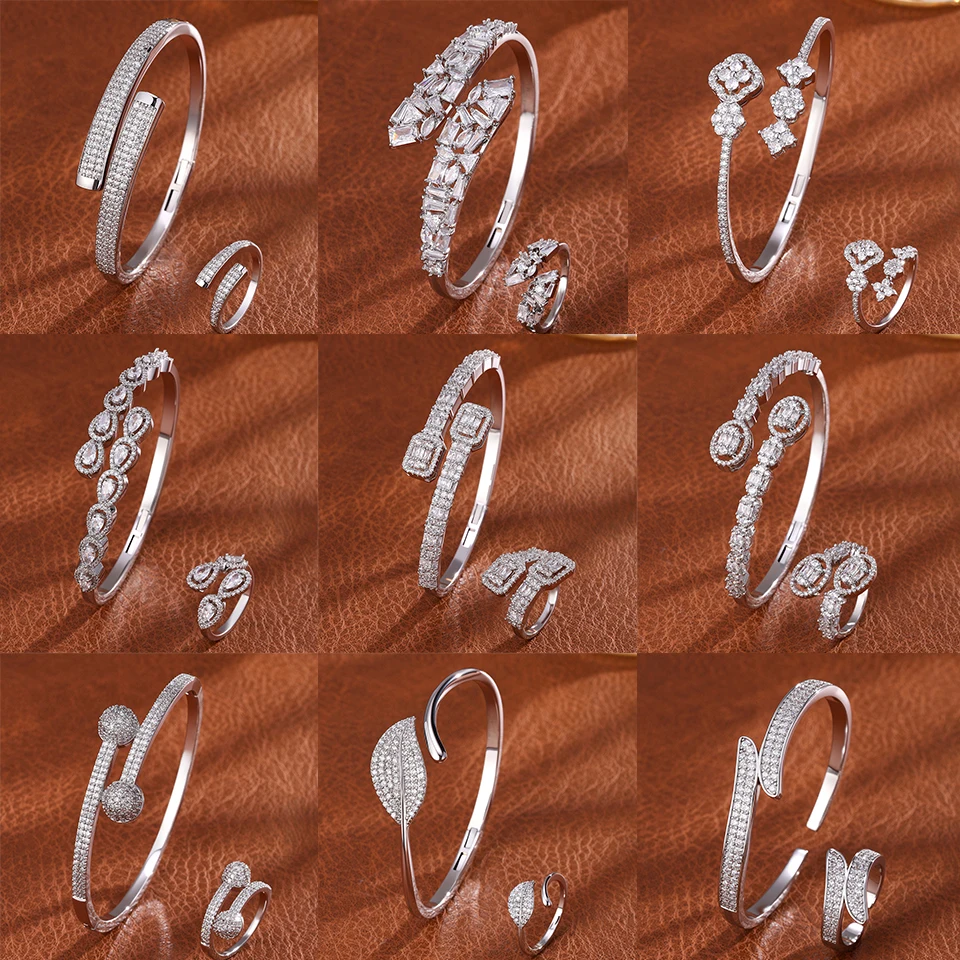 ZAKOL 9 Styles Slivery Open Bracelet Ring Jewelry Set Luxury Shiny Zircon Middle East Trendy Jewelry for Women Gift
