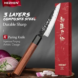 HEZHEN 4 Inch Paring 3 Layers Composite Steel High quality Rosewood Handle Kitchen Tools Cook Knife Stainless Steel Gift Box